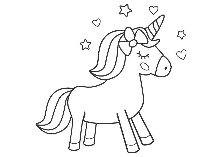 Unicorn with a bow in the hair, stars and hearts coloring page